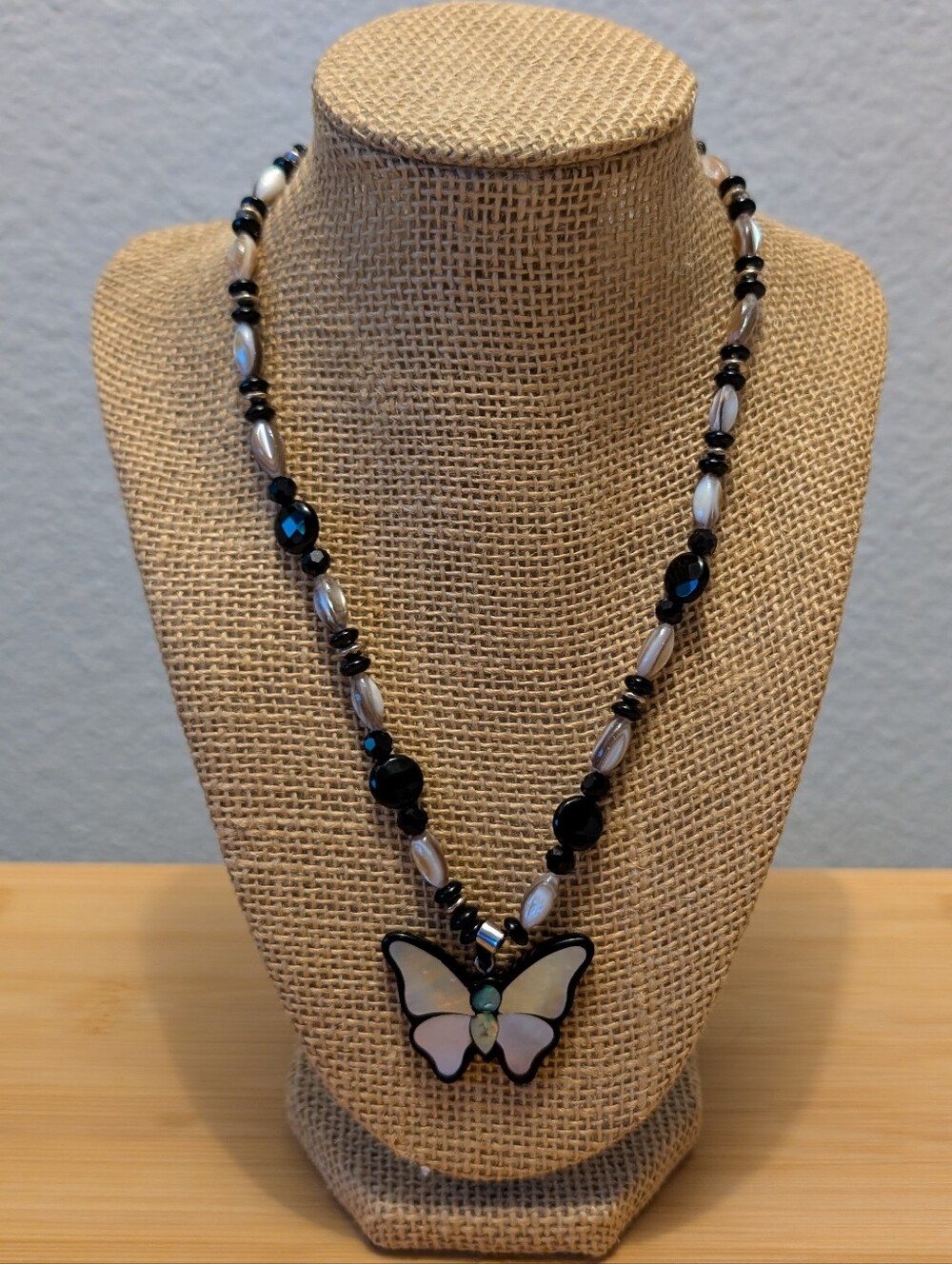 Vintage Beaded Necklace Abalone Butterfly Charm Pendant
